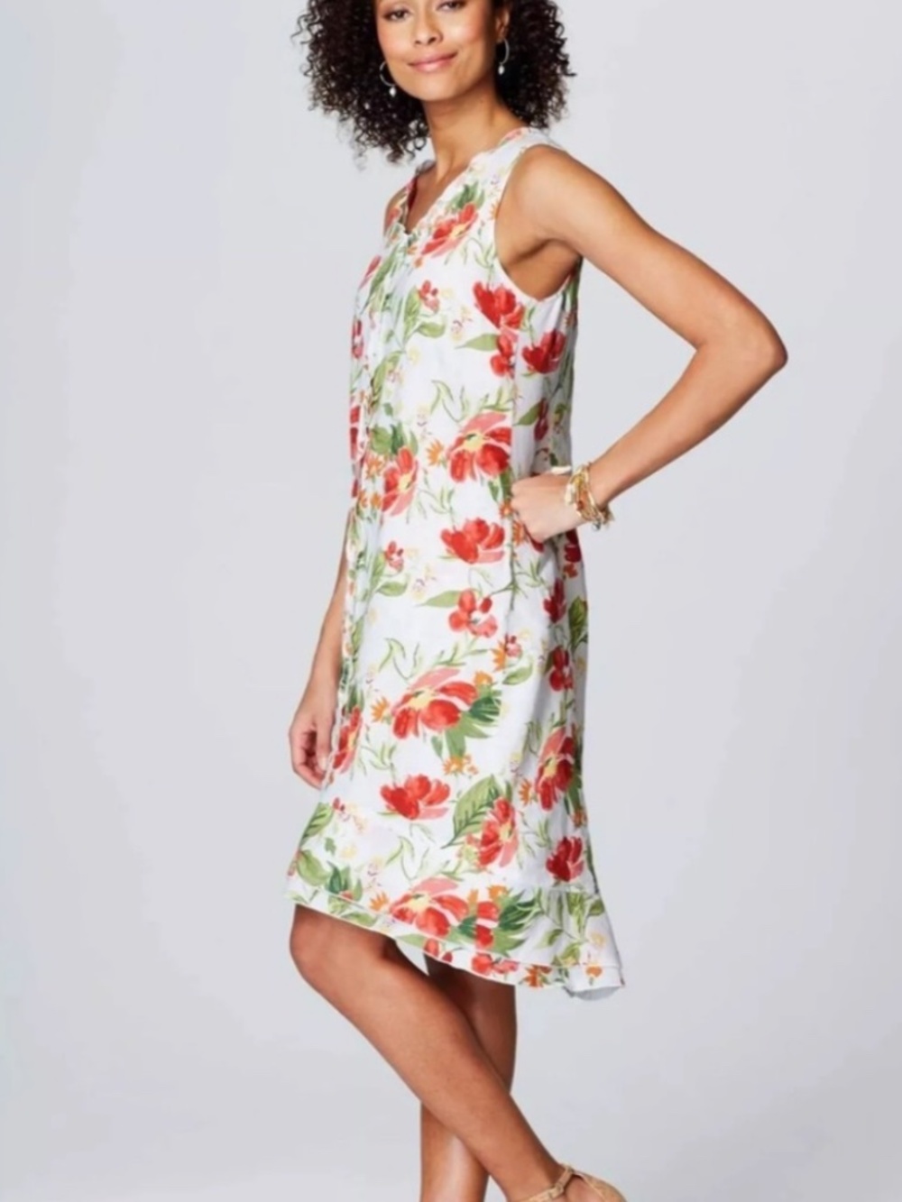 J. Jill Love Linen Sleeveless Tiered Floral Dress Size M Petite Ruffled Pockets